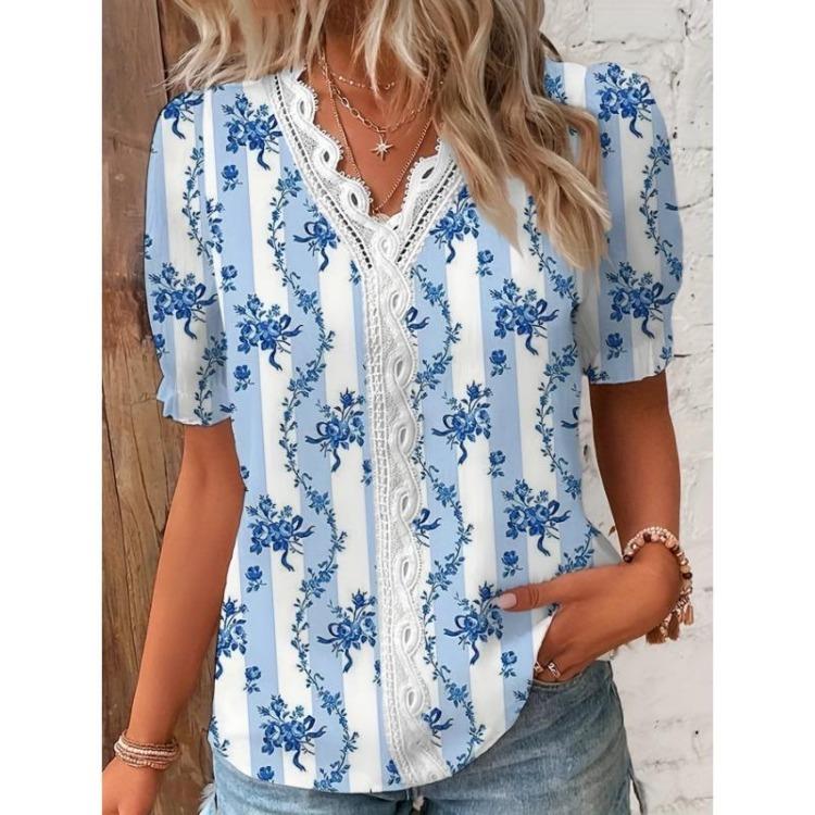 Elegant Plus Size Womens Floral Print Blouse V Neck Lace Detail Short Sleeve Spring Summer Textured Clothing