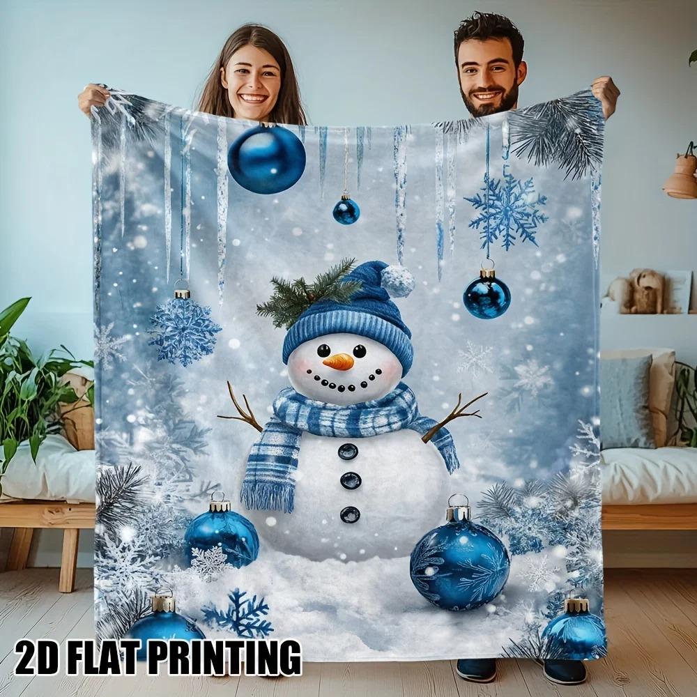 

Snowman Winter Throw Blanket, Snowflake Blue Ornament Print with Holly Berries, Cozy Christmas Gift for Sofa Bed, All Season 70x100cm білий