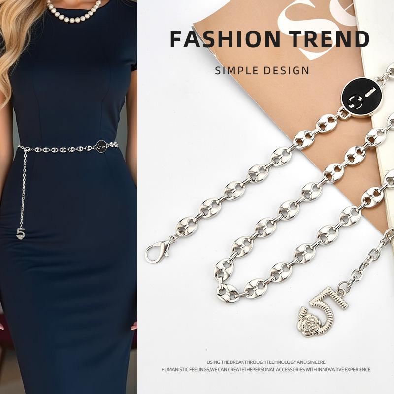 New Fashion Women's Metal Waist Chain Digital Buckle Decorative Dress European and American Style Women's Body Chain