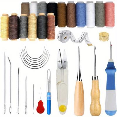34 PCS Basic Leather Sewing Kit: Upholstery Thread Cord, Leather Waxed Thread with Sewing Awl, Seam Ripper, Tape Measure Large-Eye Stitching Needles