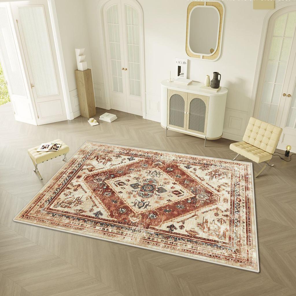 Persischer Retro-Stil Wohnzimmerteppich Leichte Luxusdekoration Zuhause Leicht zu reinigende Bodenmatte Schlafzimmer Ankleidezimmer Rutschfester Waschbarer Teppich