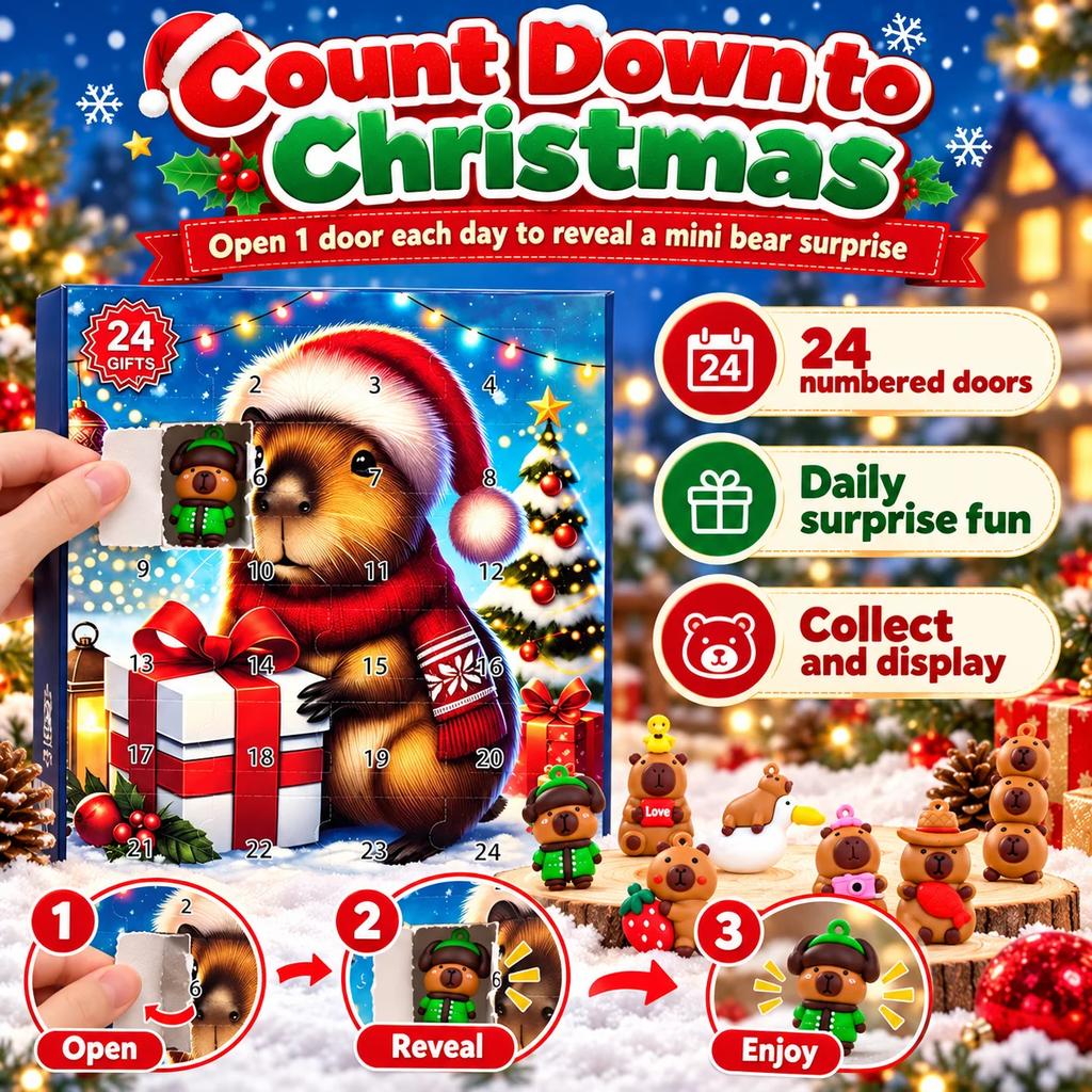 Capybara Christmas Countdown Calendar 24PCS 3D Mini Figurines Xmas Tree Hanging Pendants Advent Surprise Holiday Gift Box