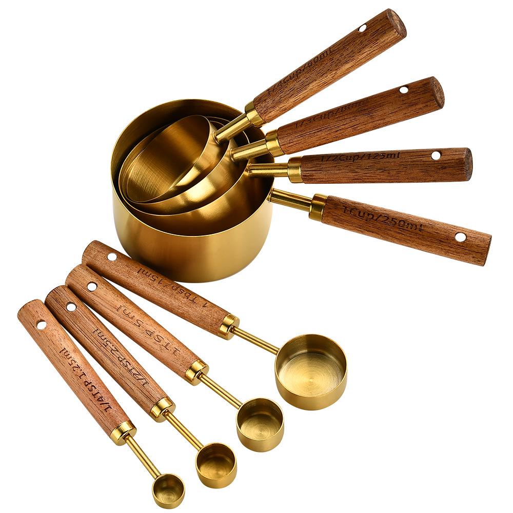 Gold-Plated Stainless Steel 8-Piece Measuring Cup and Spoon Set with Scales for Baking.