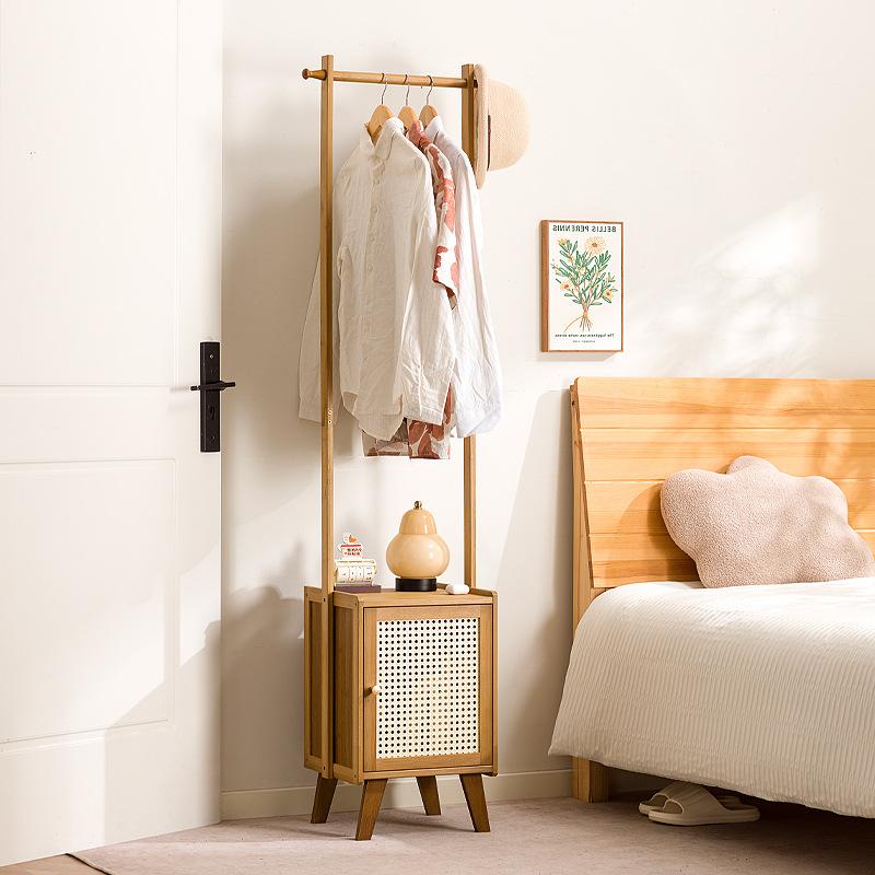 Bedroom Small Apartment Solid Wood Floor with Drawers, Bedside Table, Integrated Hanger, Household Coat Rack with Bedside Table