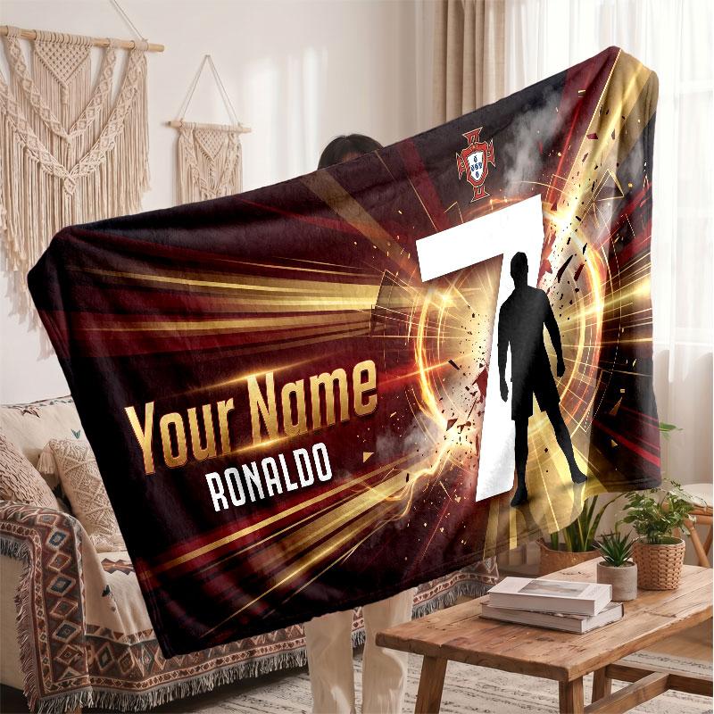 Couverture polaire personnalisée Cristiano Ronaldo avec logo de football, texte de nom personnalisé, couverture d'appoint douce et chaude pour la maison