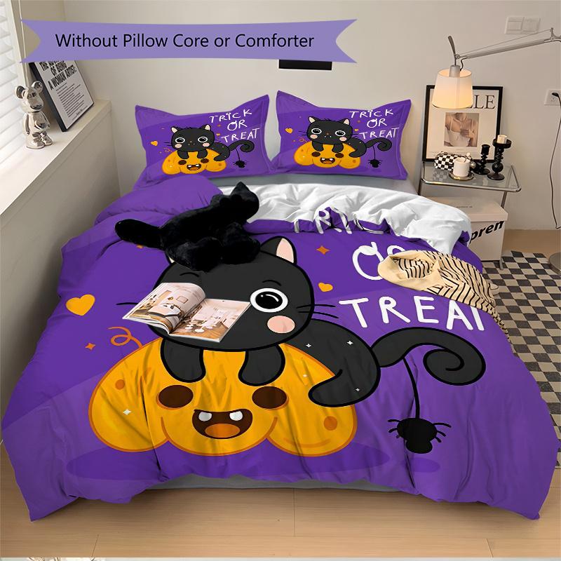 3pcs Trick or Treat Adorable Cat and Pumpkin Bedding Set - Includes Quilt Cover and Pillowcases, Suitable for All Seasons,