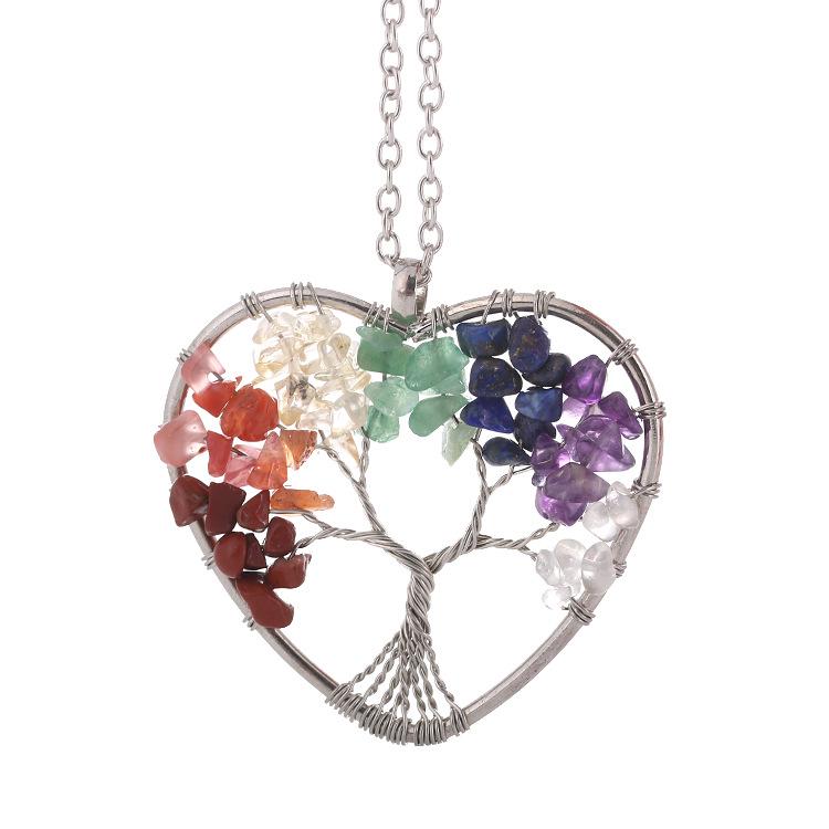 Seven-Color Crystal Tree of Life Necklace with Heart-Shaped Stone Root N36
