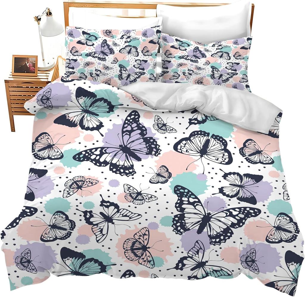 Butterfly Duvet Cover Set Queen King Size Sparkly Blue Butterflies Bedding Set Boho Style Quilt Cover Set For Girls Kids 3 Pcs