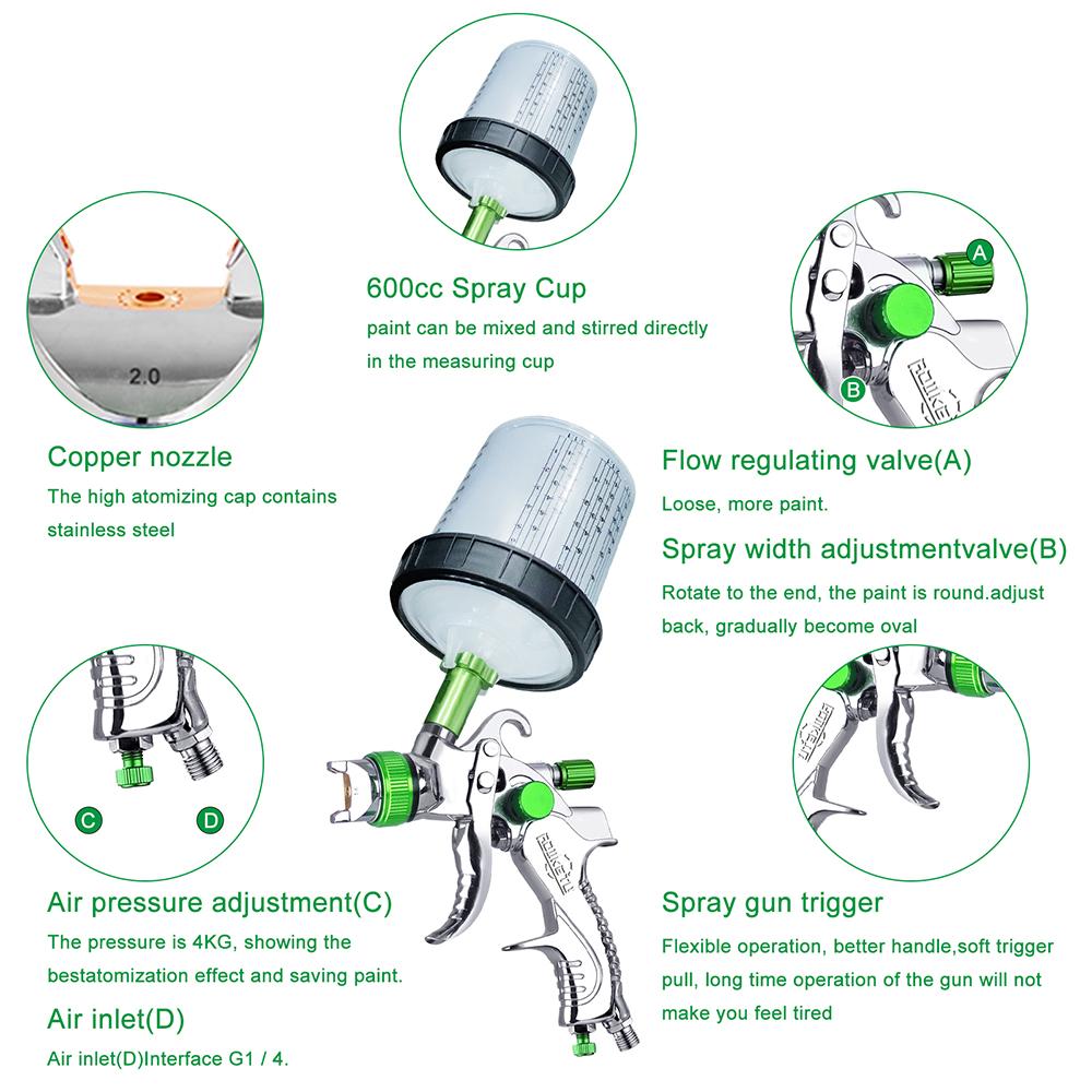 HVLP Spay Gun 1.4/1.7/2.0mm Nozzle Gravity Airbrush For Car Painting Tool 10pcs 600ml No Clean Disposable Measuring Cup