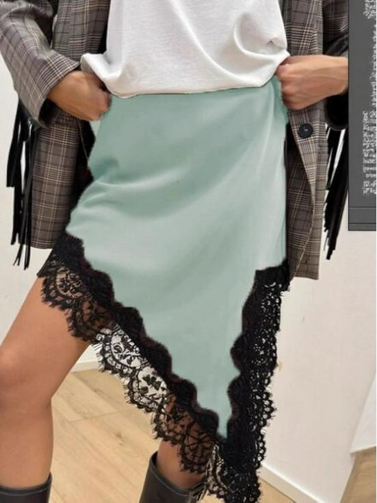European-American 2025 Autumn Women's Satin Lace Slim A-line Midi Skirt with Irregular Slit