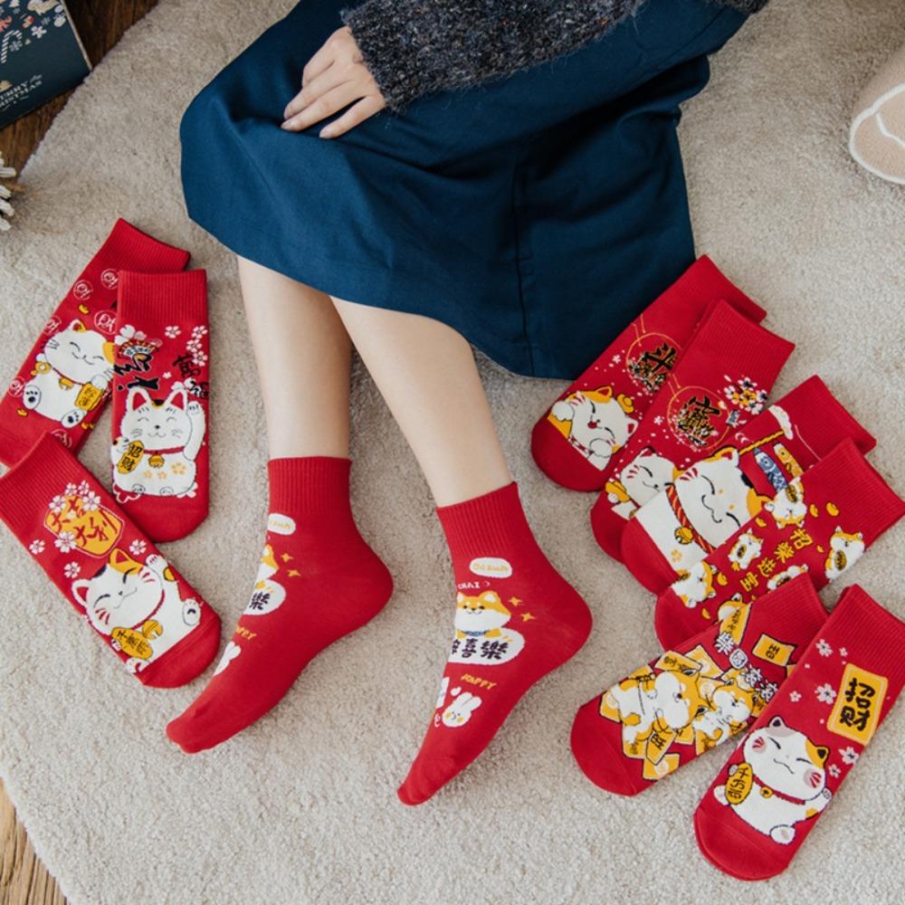1pair Lucky Cat Red Socks Cotton Women Socks New New Year's Socks  Women