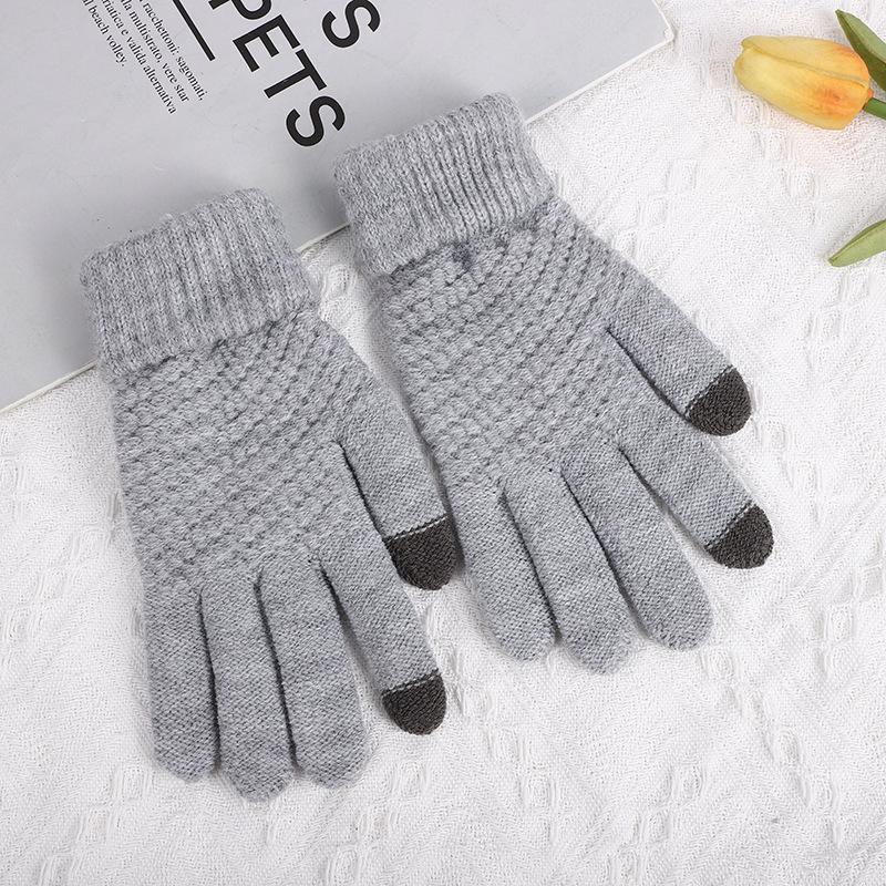 Korean Winter Gloves Brushed Fleece Thick Ribbed Jacquard Touchscreen Unisex
