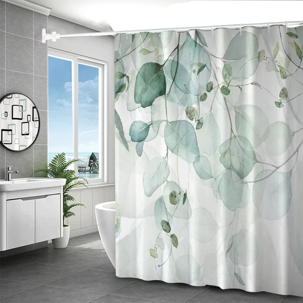 Open 1pc Green Branch Digital Print Polyester Bathroom Decor and Accessories Shower Curtain No Drill Partition Bath Curtain
