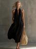 2026 Spring Women Halter V-Neck Midi Dress Loose Casual Solid Color Vacation Dress With Pockets