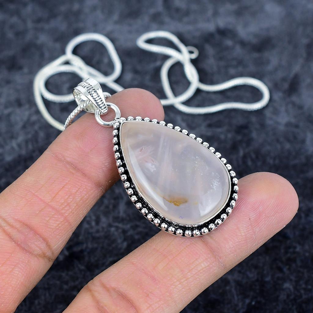 Rose Quartz Gemstone Handmade 925 Sterling Silver Jewelry Pendant 2.05" M-2918