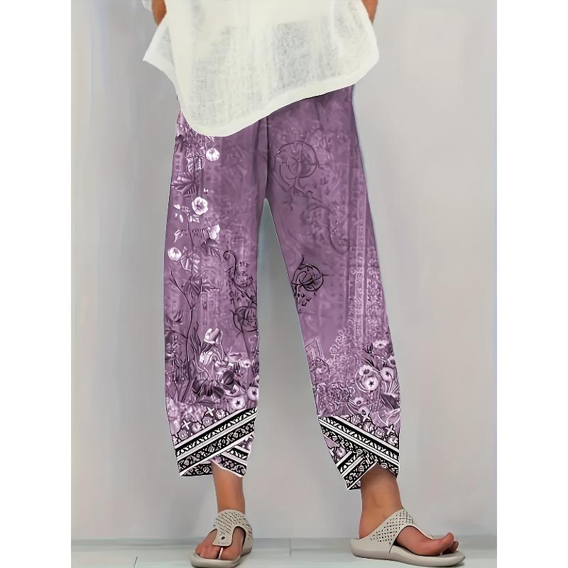 Chic Vintage Floral Capri Pants - Casual and Comfortable with an Elastic Waist and Pockets