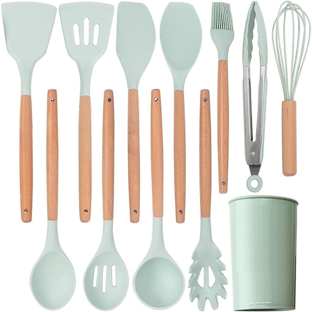 Cooking Utensils Kitchen Utensil Set, 12 PCS Wooden Handle Nontoxic BPA Free Silicone Spoon Spatula Turner Tongs Kitchen Gadgets Utensil Set