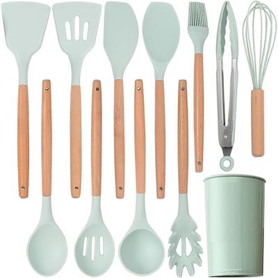 Kochutensilien Küchenutensilien-Set, 12-teilig Holzgriff Ungiftig BPA-frei Silikon Löffel Pfannenwender Wender Zange Küchenhelfer Utensilienset