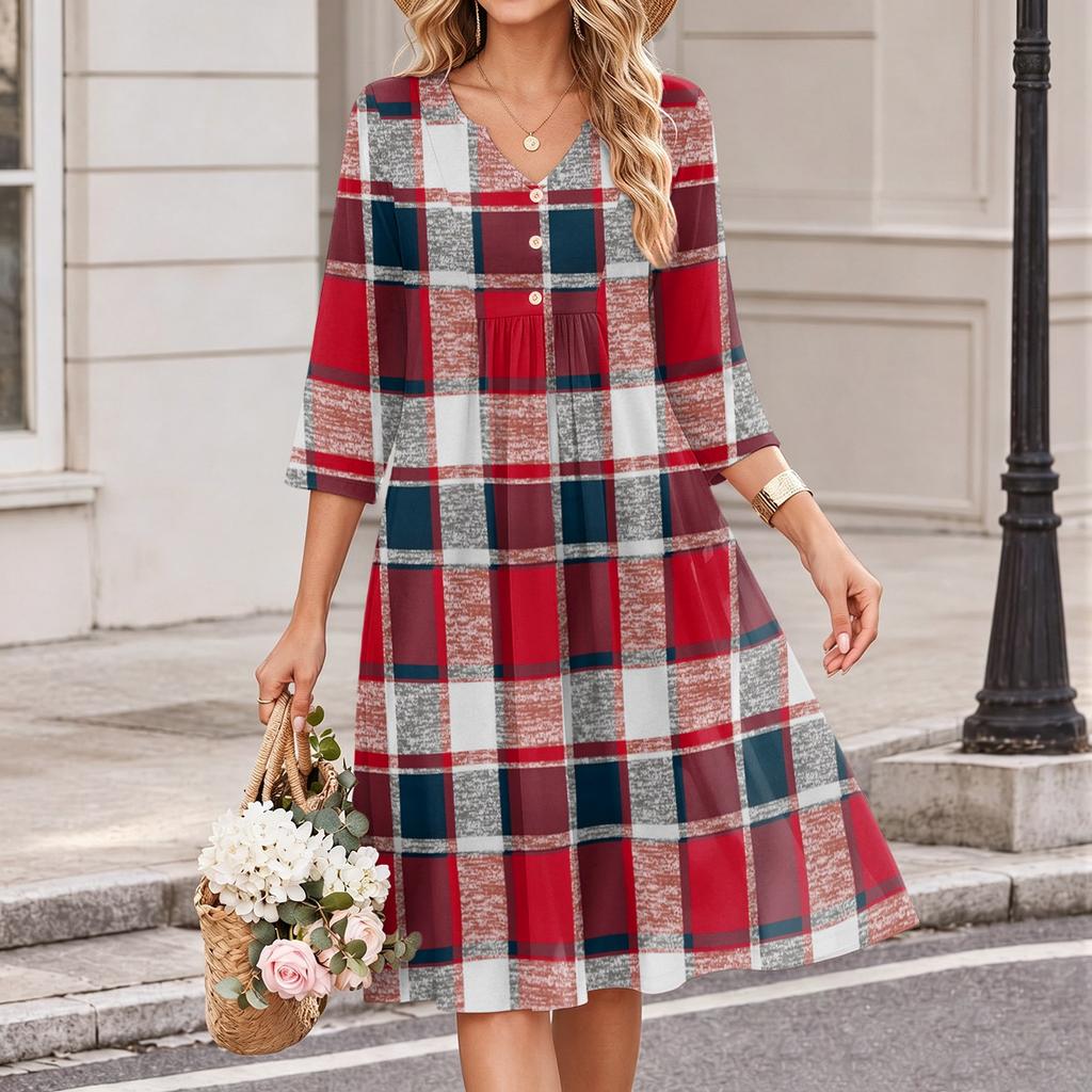 Lässiges Damen-Karo-Kleid mit V-Ausschnitt und Dreiviertelärm