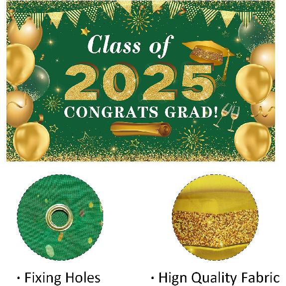 Graduation Decorations Congrats Grad Class of 2026 Backdrop - Green and Gold Grad Banner Background Photo Props Hanging Decorations for Indoor