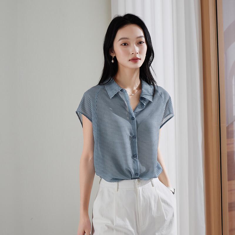 SOFSIL Women s Plaid Short Sleeve Turn-Down Collar Shirt M