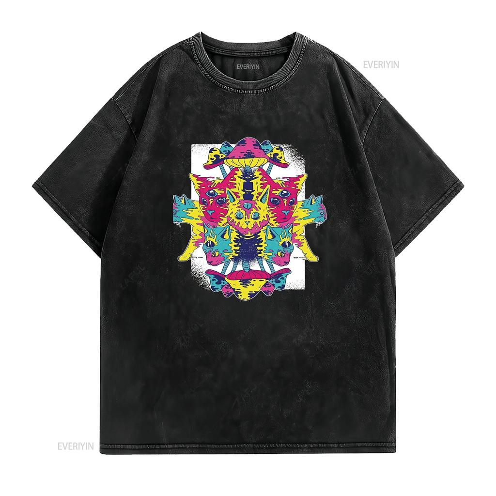Herren Ideen für Katzenliebhaber Psychedelische Kätzchen und Pilze Design Schwarz Mehrfarbig T-Shirt vintage Gewaschen Dehnbar Stilvoll
