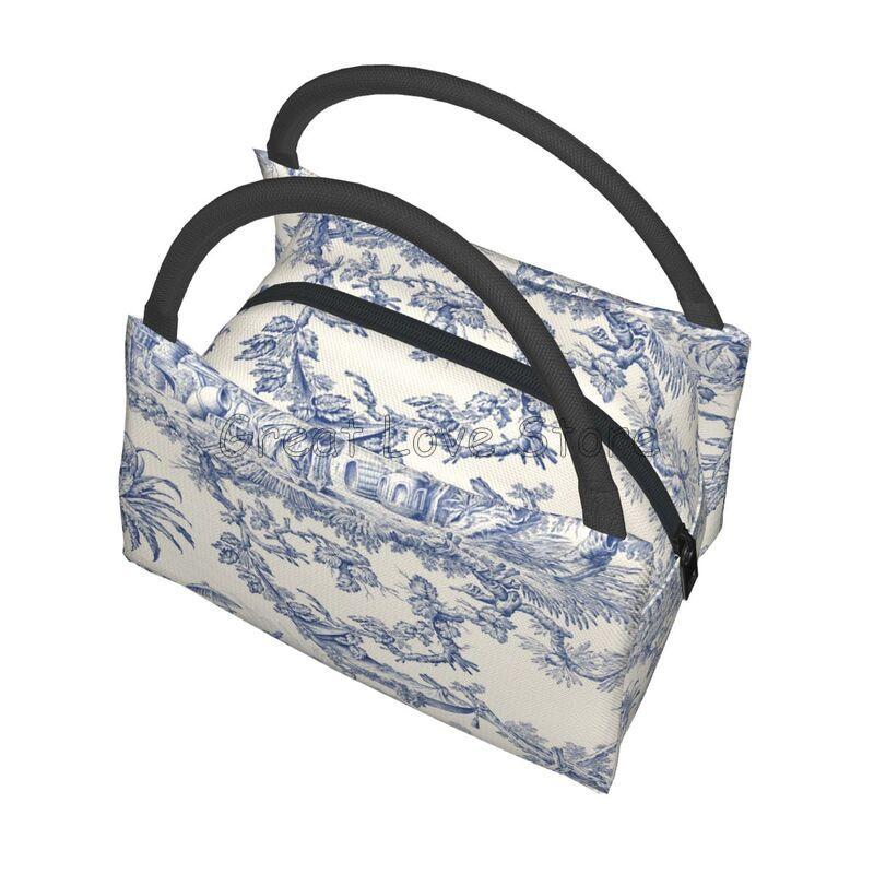French Toile De Jouy Thermal Lunch Bag Unisex Portable Insulated Cooler Bento Tote Bag for Picnic Work Reusable Packed Lunch Box