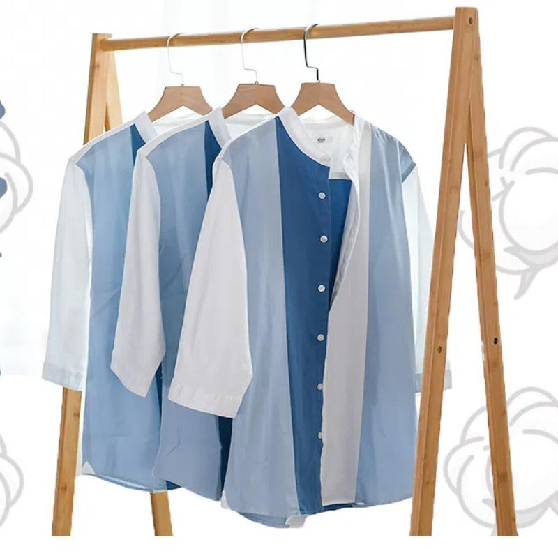 Korean Fashion Mens Summer Tops Pure Cotton Comfort Men's Casual Shirt Stand Collar Stripes Slim Fit Three Quarter Sleeve Button Shirt