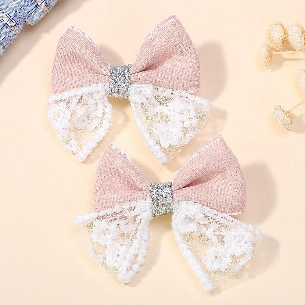 LOVEKIKI 2 Stück/Los Süße Spitze Schleife Haarspange für Kinder Denimblau Boutique Haarnadel Haarklammern Mädchen Kleid Party Haaraccessoires