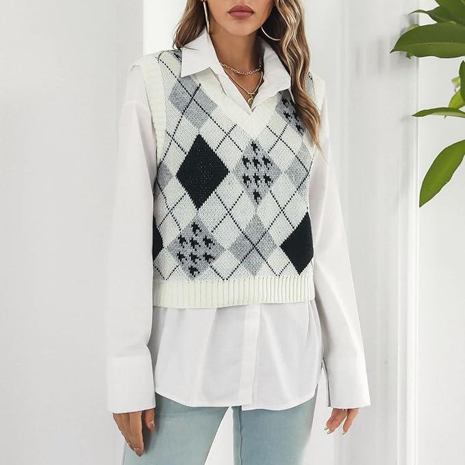 Damen Argyle Strick V-Ausschnitt Pulloverweste für Herbst/Winter