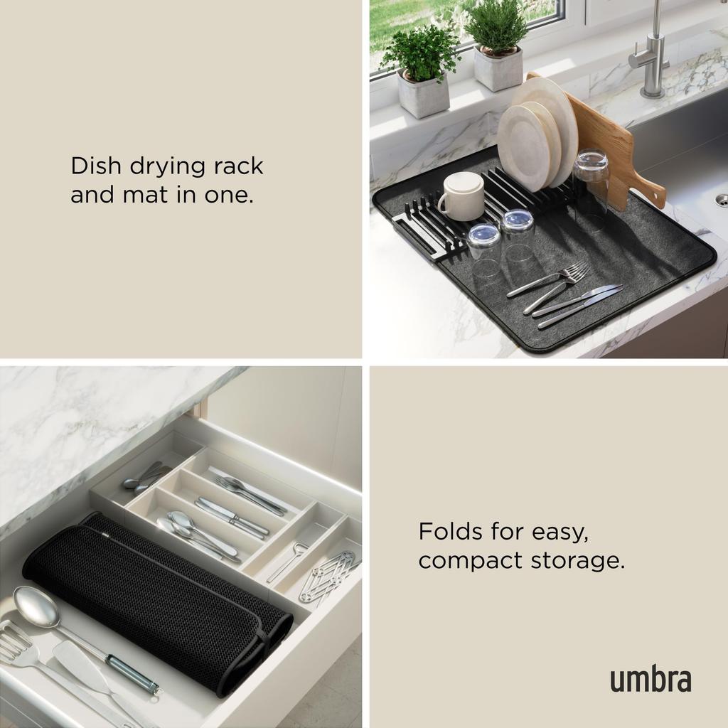 Official Umbra Dish Drainer Drying Rack Mat with Dish UDRY 2330720040 Mat, Stand, Black,