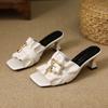 Korean version of thick heel medium heel one-word slippers women's summer wear 2025 summer new versatile Internet celebrity cool slippers women