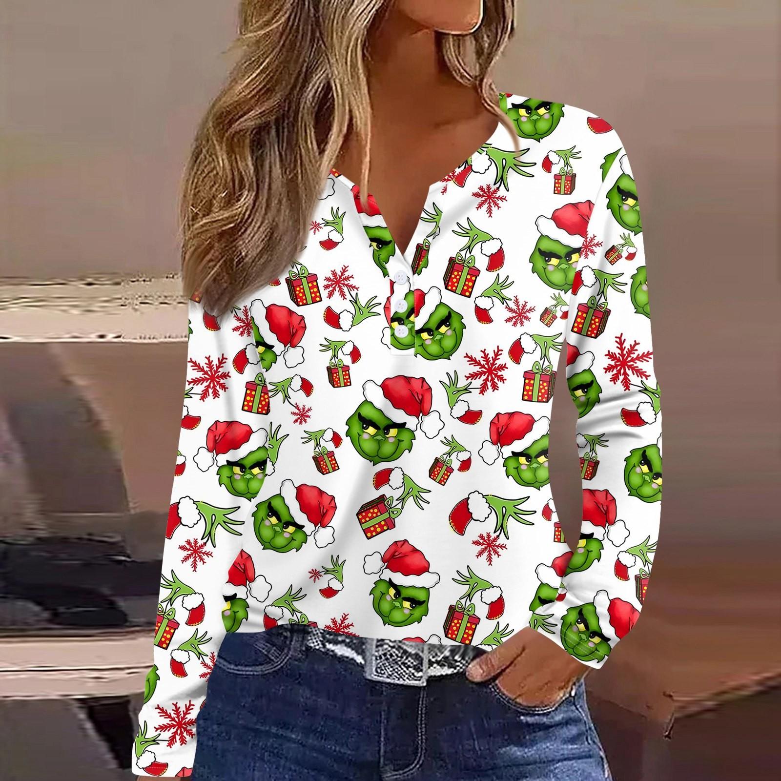 

Женская футболка с рождественским принтом на пуговицах с длинным рукавом, повседневная, выходного дня, модная, базовая, с V-образным вырезом, обычная S