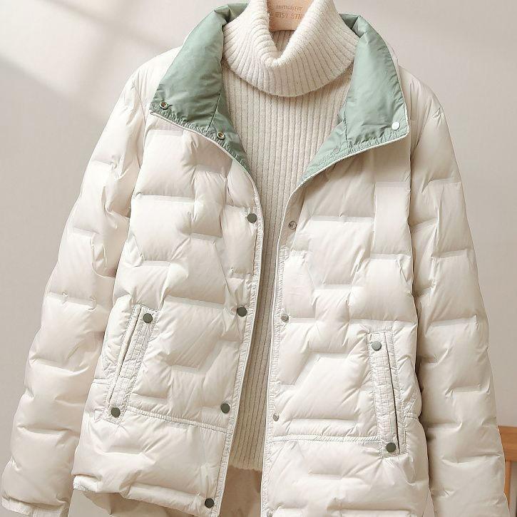 

Легкий пуховик из белого утиного пуха, короткий, со стойкой воротником, компрессионный, на резинке, женский, зимний, модный, маленькая теплая куртка XS бежевый