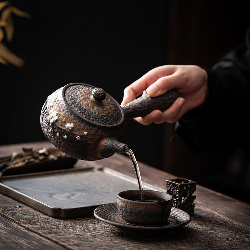 330ml Coarse Pottery Teapot Side Handle Pot Household Ceramic Tea Brewing Pot Vintage Tea Brewing Device