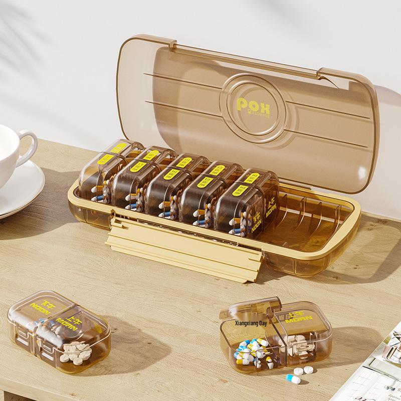 

Portable 14-Compartment Pill Organizer for Morning, Noon, and Evening Medication, Sealed Storage Box for Elderly Reminder коричневый