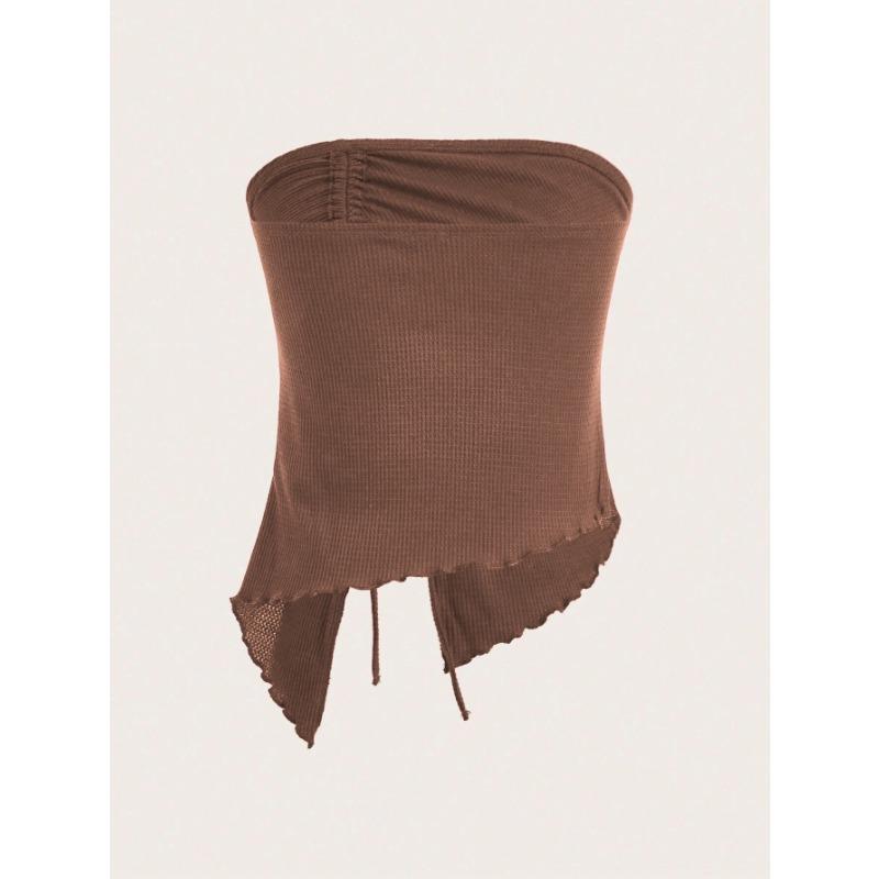 Women European Style Drawstring Irregular Slit Waffle Fitted Strapless Tube Crop Top