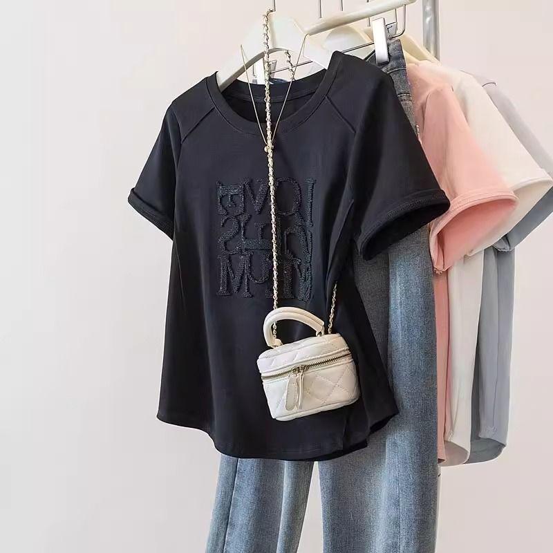 2025 Summer Plus Size Women's Letter Embroidery Patchwork Short Sleeve T-shirt: New Loose, Slimming, and Versatile Casual Top