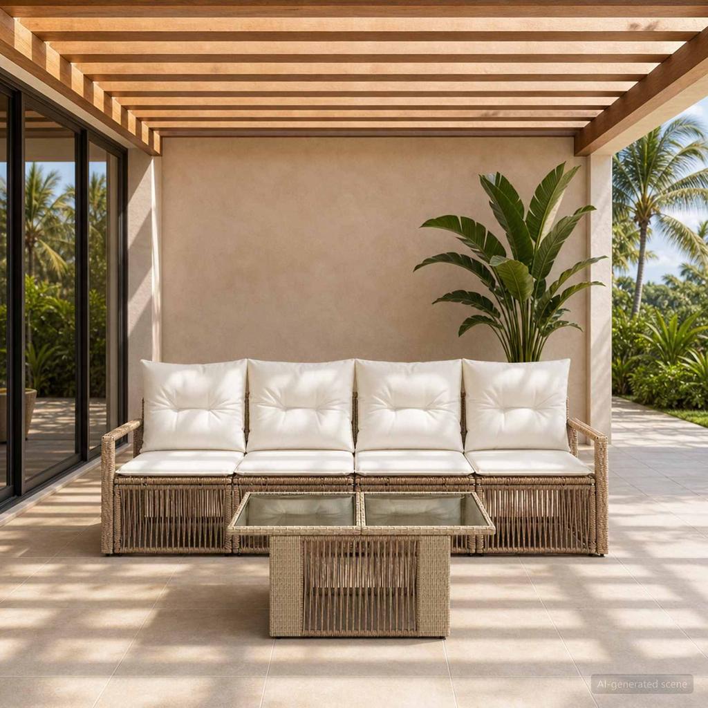Garden Sofa Set 5 Pieces Beige and Cream White Poly Rattan