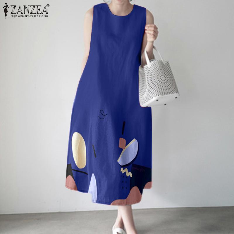 ZANZEA Womens Casual Round Neck Loose Summer Sleeveless Print Dress