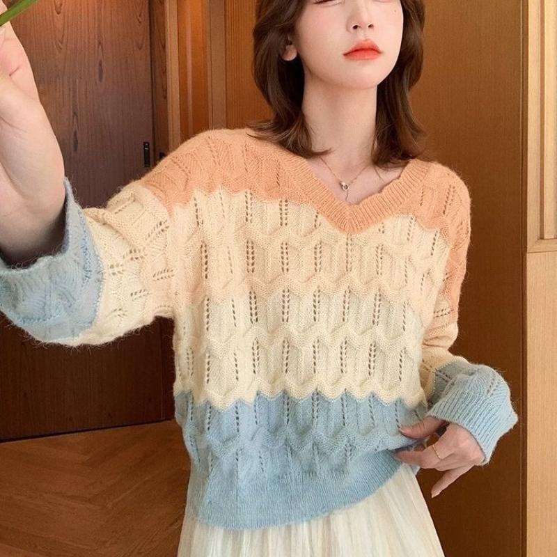 Women s Hollowed Design Sweater Loose V-neck Contrasting Color Woman Knitted Sweaters American Style Spring Casual Fashionable Famale Pullover XL