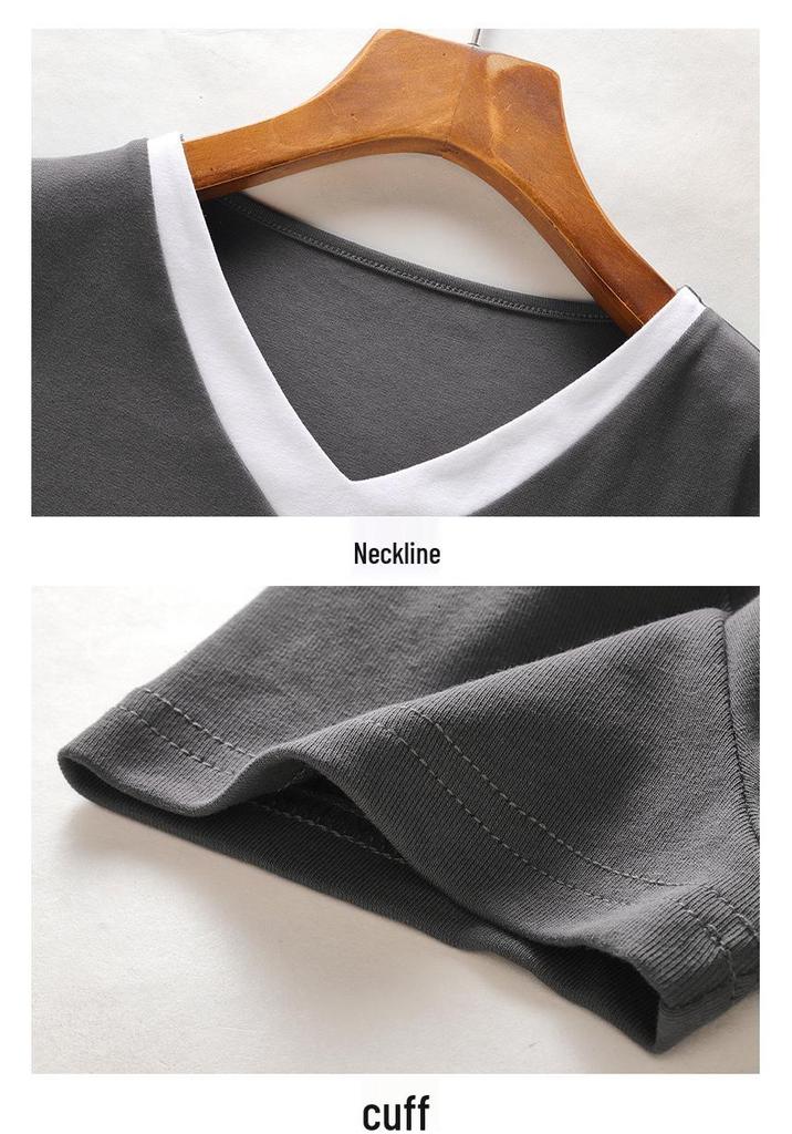 2026 Summer Women's Stylish V-neck Color Block Slim Fit Short-Sleeve Fake Two-Piece Top