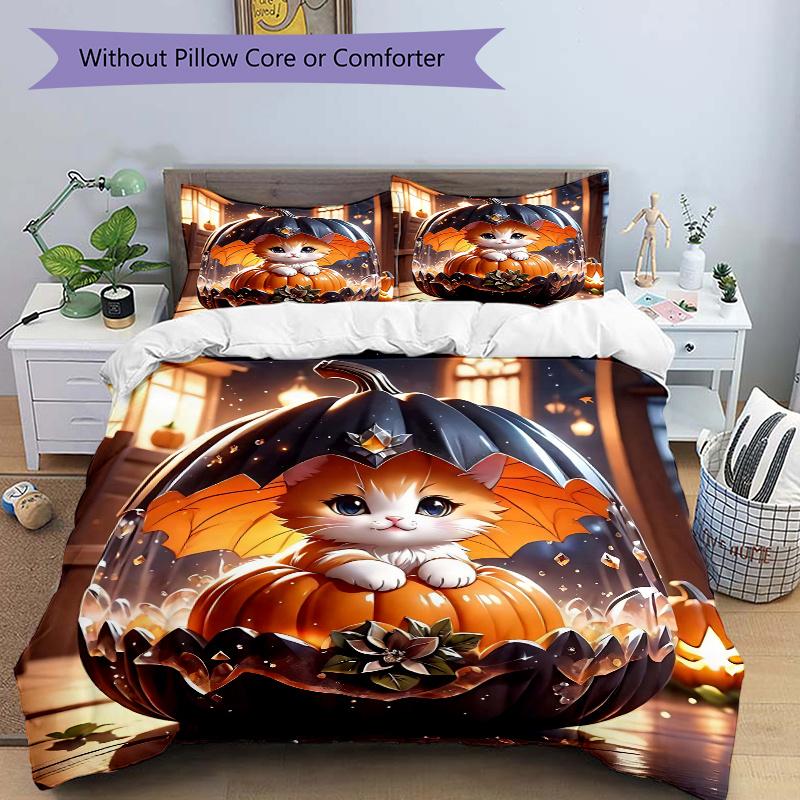 

3 шт. Комплект постельного белья с рисунком оранжевого кота и тыквы, трехсекционный (1 Наволочка + 2 Наволочки, Без Наполнителей), Этот комплект постельного белья с принтом мягкий и удобный 135cm*200cm
