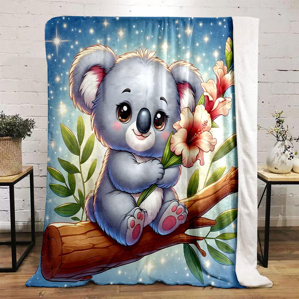 Cute Koala with Flowers on Starry Night print blanket soft and cozy perfect for the living room bed sofa or a nap,gift