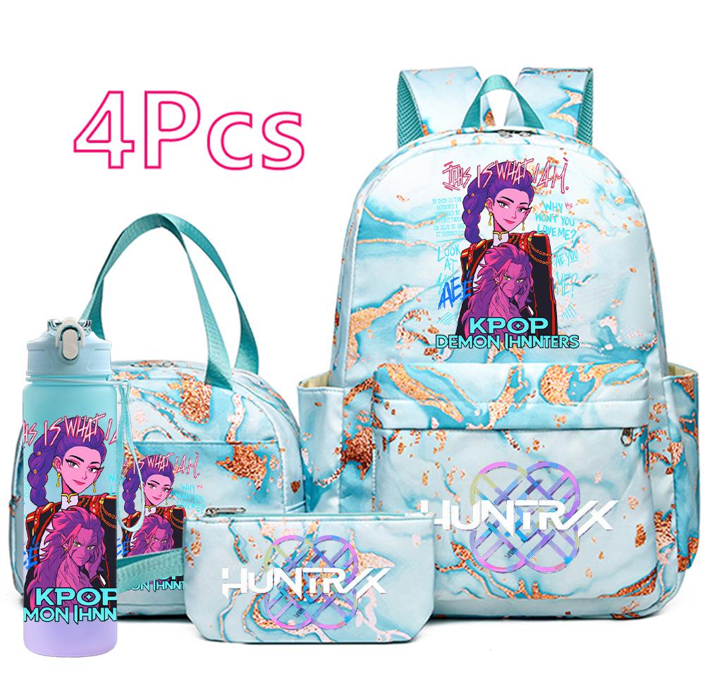 4Pcs/set Cartoon K-Pop Printed Backpack Handbag Pencil Case with 750Ml Water Bottler for Teenager Boy Girl Schoolbag Large Capacity Bookbag Mochila