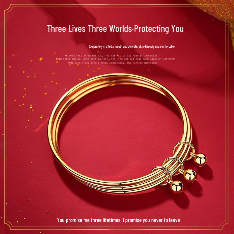 Vietnam Sand Gold Triple-Circle Yellow Brass Bangle - Women's Fashion Gold-Plated Bracelet