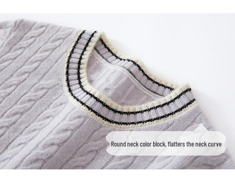 Women's Color Block Cashmere Short-Sleeve Round Neck Knit Pullover