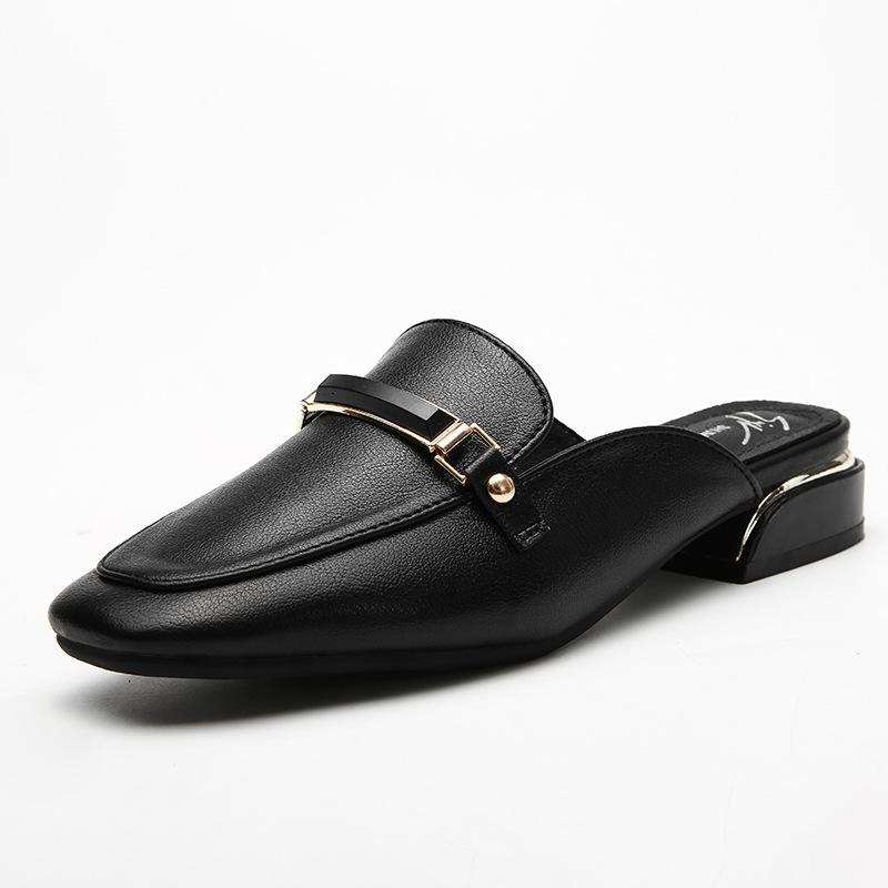 

Модные наружные металлические украшения квадратный носок сплошные мюли женские тапочки туфли женские сандалии закрытый носок шлепанцы на низком каблуке женские шлепанцы 6.5 чёрный