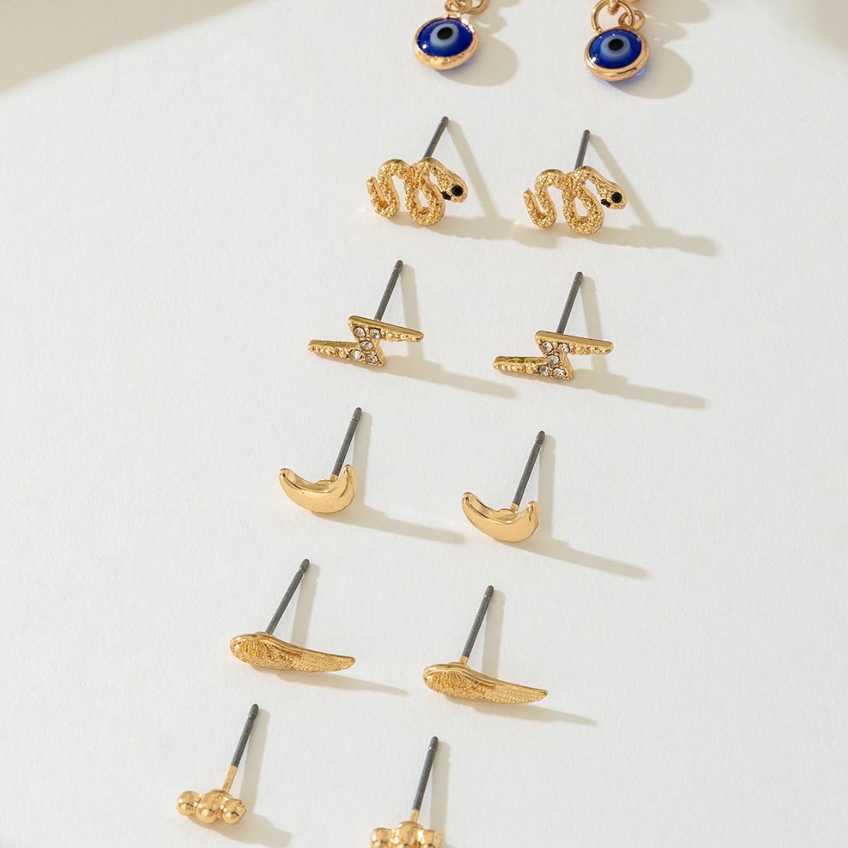 

6 Pairs Versatile Stud Earrings Set: Lightning, Snake, Moon, Wings - Trendy & Stackable Everyday Wear золотой