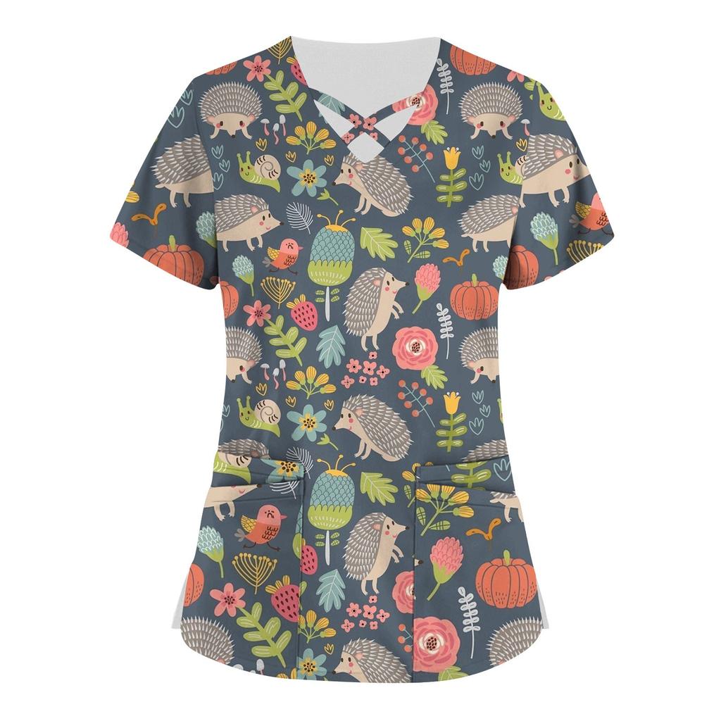 Roztomilé pracovní uniformy s potiskem plus size pro ženy Trička s překříženým výstřihem do V Krátký rukáv Zábavná trička Pracovní oblečení Tričko s kapsami